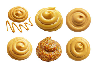 Fototapeta premium Six mustard dollops and a squiggle on a transparent background showing smooth yellow, Dijon and whole grain textures