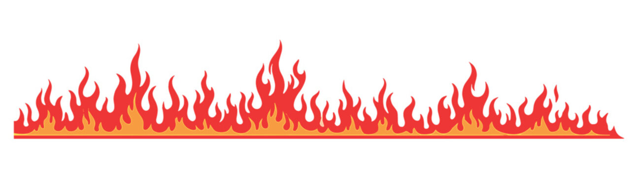 Red flame seamless border, cartoon fire horizontal divider on transparent background