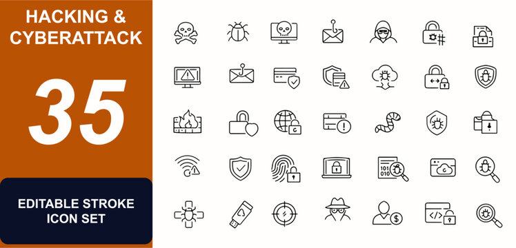 Hacking and Cyberattack web icons in line style. Firewall, ransomware, phishing, malware, password, encryption, network shield, threat detection. Editable stroke. Vector illustration.