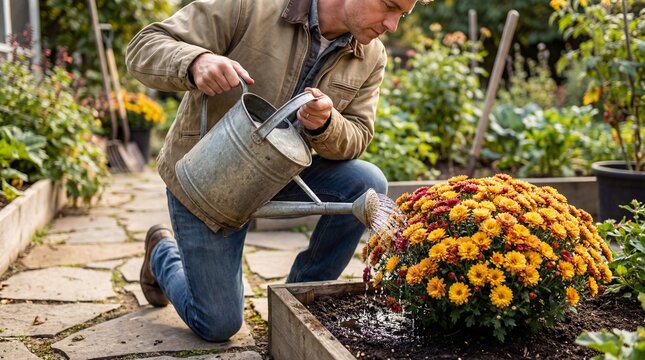 Man watering yellow mums in garden with watering can  
