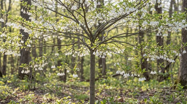 Carolina silverbell tree in bloom surrounded by green forest  