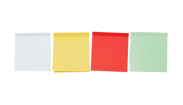 Four colorful square adhesive reminder notes arranged neatly in a horizontal row on transparent background