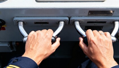 Obraz premium Hands operating control levers on a ship's console. Maritime navigation and engineering concept. Close up of a person in uniform