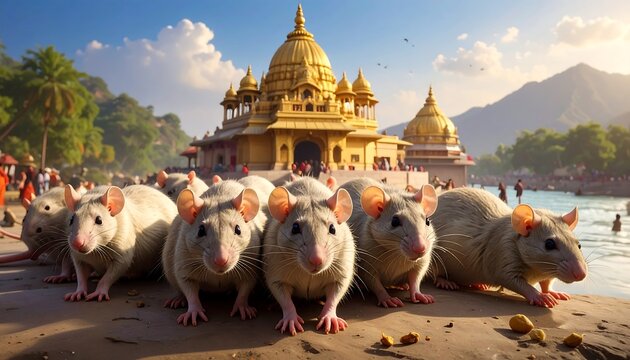 A close-up view of several gray rats on a riverbank, with a golden temple and landscape background. People are present