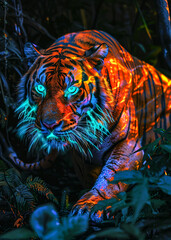 a tiger with blue eyes and orange fur in the jungle with a neon effect big cat wild animal neon effe