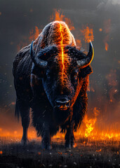 majestic bison standing in a fiery landscape with a glowing orange light close up detail view natura