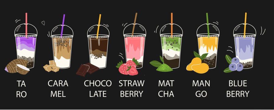 Bubble milk tea drink menu on black background. Doodle cartoon boba tea with taro, caramel, chocolate, matcha, mango and berryes. Food banner with tapioka.