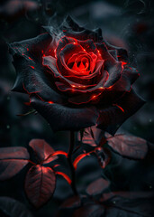 a dark red rose with smoke and a black background with red leaves close up detail view natural light