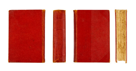 Vintage red hardcover book set shown from front, spine, back, and page edges on white back