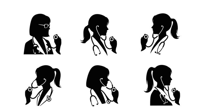 Female Doctor Silhouettes with Stethoscope Profiles.
