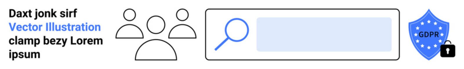 Data security, compliance, regulations, privacy protection, online safety, user search. Group of user icons with magnifying glass and GDPR badge. Data security and compliance concept