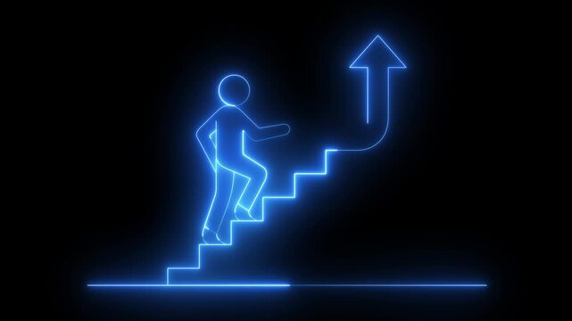 glowing neon person climbing stairs icon with an upward arrow, symbolizing growth and success in career or business. person stair up arrow icon representing leadership path business growth.