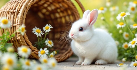 White fluffy rabbit sitting by a wicker basket in a spring garden. Small bunny with daisies and flowers in a sunny meadow. Easter holiday concept