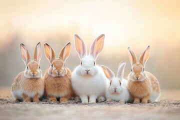 Fototapeta premium Five rabbits 1 large white adult, 4 smaller tan sit alert in a row on sandy ground under hour light. Upright ears, direct gazes serene portrait. Soft, warm blurred background highlights