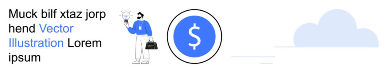 Obraz premium Financial services, business strategy, online transactions, cloud computing, digital payments, data management. Man in blue shirt holding clipboard, dollar in a circle, cloud in the background