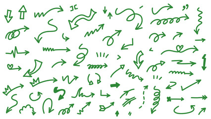 Fototapeta premium Hand-drawn Green Arrow Set, Illustration of various styles, directional pointers, Sketch Arrows, doodles, isolated vector graphic for design elements, transparent background