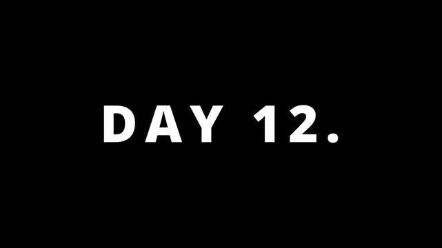 Day 12 animation, Display day 12 text animation with white font against a solid black background.