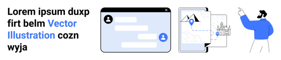 Obraz premium User interface design, digital communication, online mapping, navigation, creative apps, web development. A messaging app with location pins and navigation. Digital communication and online mapping