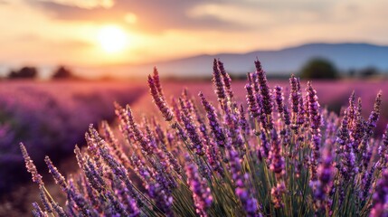 Fototapeta premium Lavender Fields in Provence During Sunset With Purple and Orange Colors Filling the Sky and a Soft Focus in the Foreground