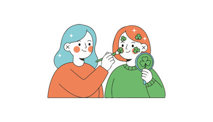 Fototapeta premium Women applying green shamrock face paint for Saint Patrick's Day festival celebration and friendship bonding activity