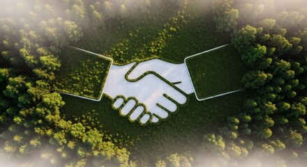 Naklejka premium Corporate sustainability alliance concept. White handshake icon embedded within vibrant forest landscape, expressing responsible partnership environmental stewardship and shared green vision. 