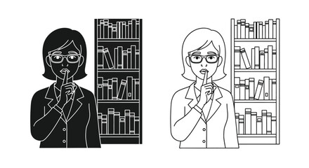 Woman with glasses shushing in front of bookshelves two variations © ShapeCraft