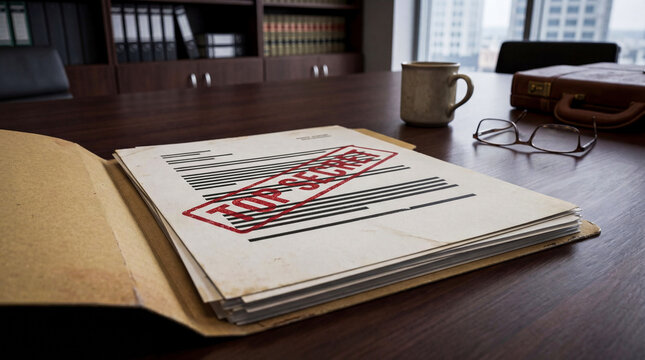 Top secret classified document with redacted text in manila folder on executive desk. Confidential file with red stamp for espionage, government security and legal investigation