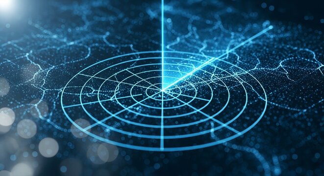 Digital radar screen interface with scanning beam over blue topographic map and particle background