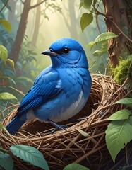 Naklejka premium Vivid illustration of a blue bird perched in its nest amongst vibrant foliage