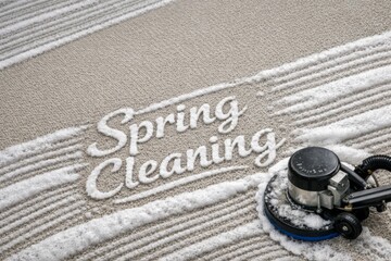 Spring cleaning concept with cleaning machine on carpet background © dvoevnore