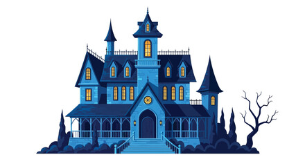 A detailed illustration of a spooky blue haunted mansion with turrets © ShapeCraft