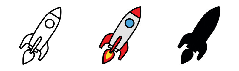 Fototapeta premium Space rocket ship icons in outline, red and white flat, and black silhouette styles. Symbols for startup, launch, mission, and exploration.