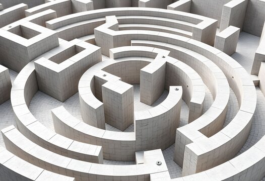 Aerial view of a complex white concrete maze with multiple paths and dead ends