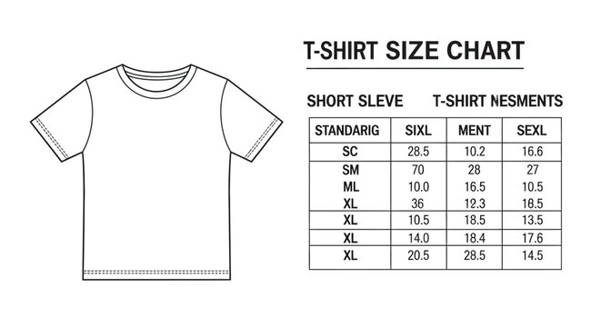 T shirt size chart displaying measurements for various sizes and genders