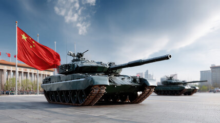 Obraz premium Chinese Battle Tank Against the National Flag – Symbol of Military Strength, Sovereignty, National Defense. Geopolitical tension. Copy space