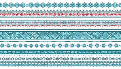 A collection of decorative ornamental borders in various blue, red, and turquoise hues, arranged on a white background. Each features diverse intricate ethnic patterns