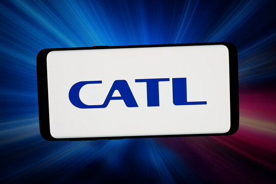 Stuttgart, Germany - 02-27-2026: In this photo illustration, the logo of Contemporary Amperex Technology Co. Ltd. CATL is displayed on a smartphone in front of abstract background on computer screen.