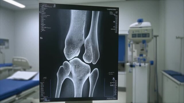 Knee X-ray on computer screen in medical clinic with medical equipment in background