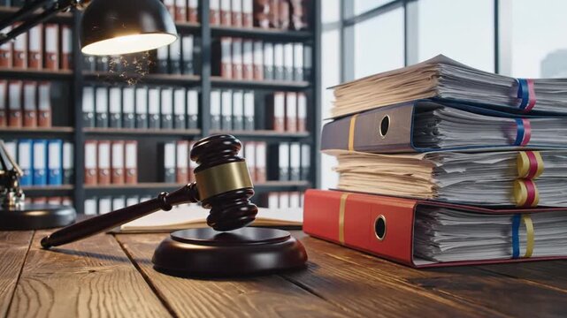 Judge gavel and law books on wooden desk in courtroom with bookshelves