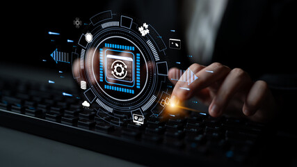 Futuristic Technology Interface with Automated Gear Icon Overlaid on Keyboard for Digital...