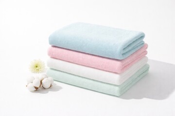 Stacked soft towels in pastel colors on white background, laundry concept © dvoevnore