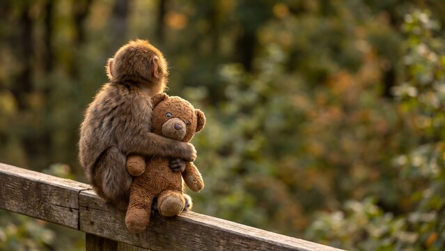 Young monkey cuddling a teddy bear, cute animal companionship and comfort concept, digital illustration