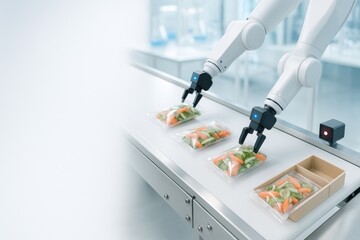 Robotic arms in food packaging process on assembly line, copy space © dvoevnore