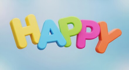 Colorful 3D Happy Word in Playful Font on Blue Background.