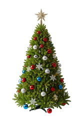 Fototapeta premium Full-sized vibrant artificial green christmas tree decorated with red, silver, blue baubles, white snowflakes, and golden star, isolated on transparent studio background. Festive holiday elegance.