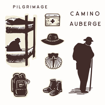 Hand drawn camino icon set with backpack, pilgrim at refugio aubergue pitstop . Scallop shell for st james way european pilgrimage symbol collection. Isolated sticker element for hostel bunk bed stay