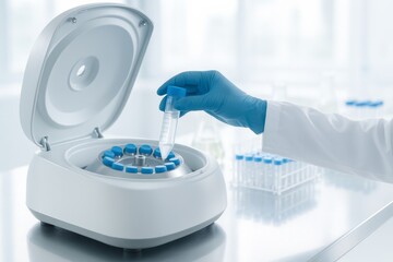 Laboratory scene with microbiologist handling centrifuge in food science © dvoevnore
