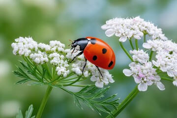 Red ladybug with black spots on white flowers, feathery green leaves, soft light. Macro shot highlights against blurred green backdrop.