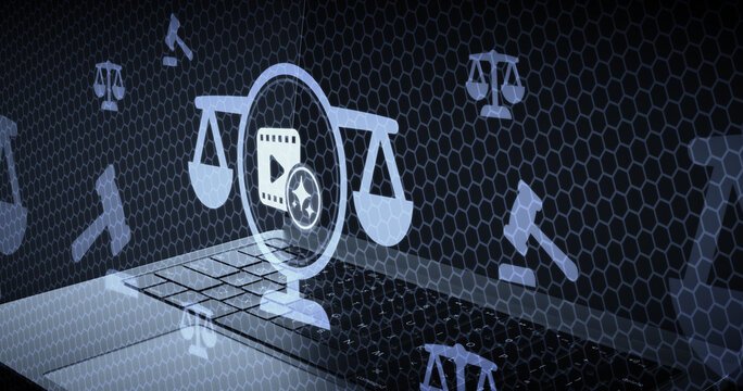 IA Aplicada al Derecho Audiovisual y Propiedad Intelectual con Icono de Video y S&iacute;mbolos de Justicia en Pantalla