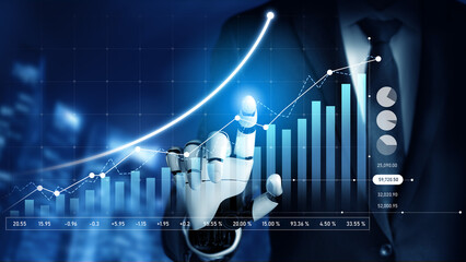 Futuristic image depicting a robotic hand interacting with financial charts, symbolizing growth and...